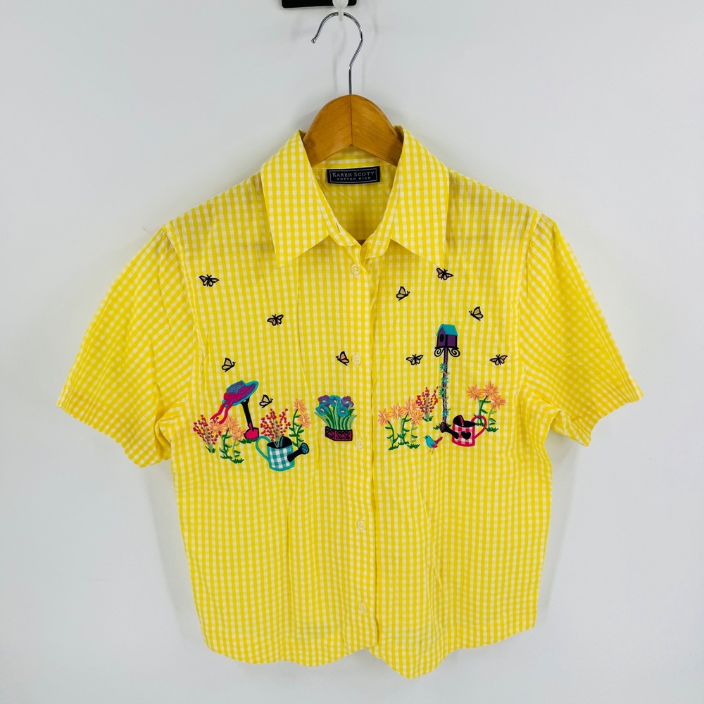 Vintage Karen Scott Button Up Shirt Yellow Gingham Embroidered Cotton Size S